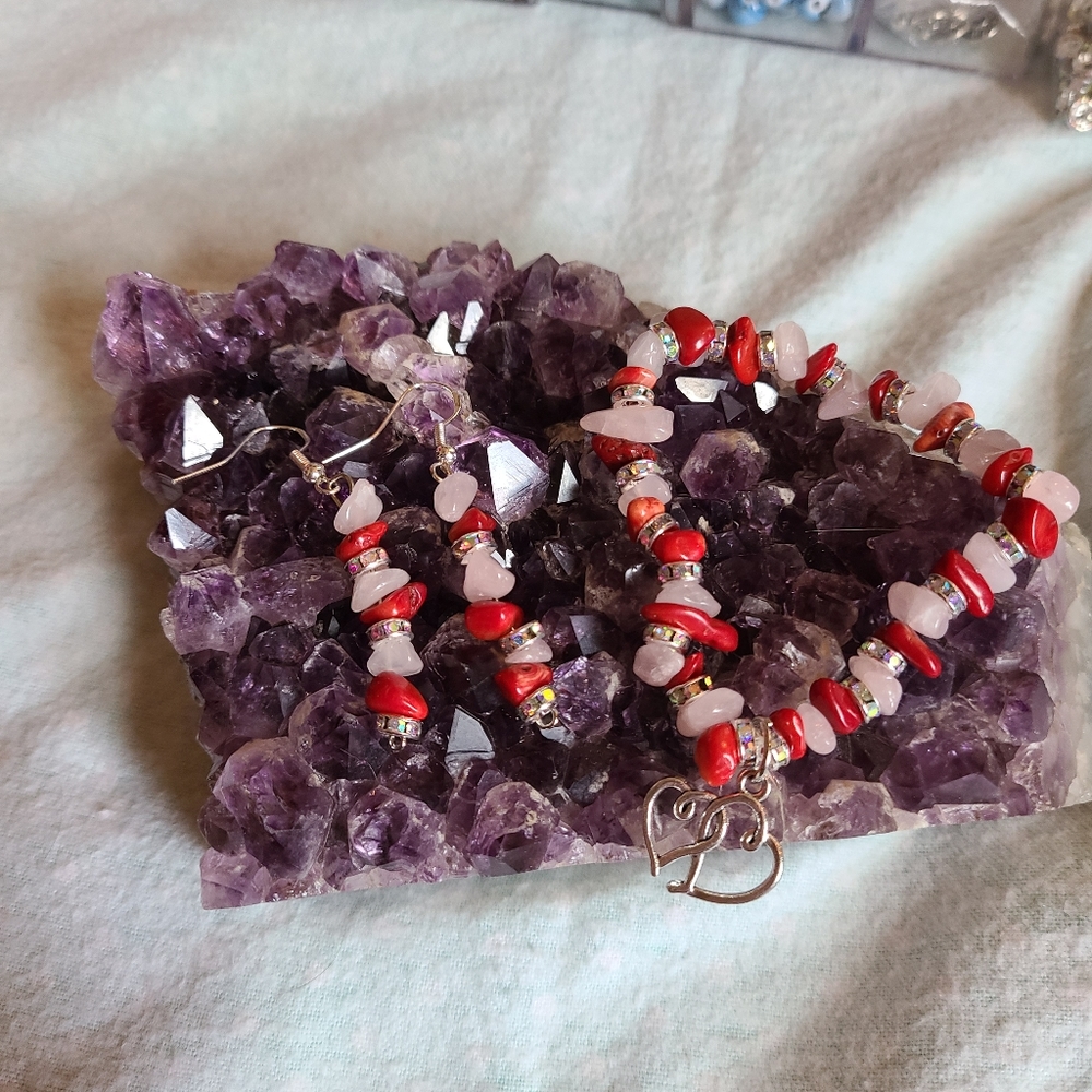 Jasper and rose Quartz Earrings and bracelet